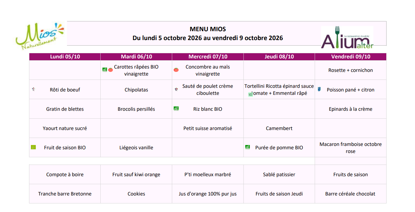 Menu de la semaine du 05/10/2026