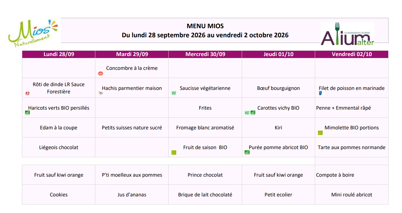 Menu de la semaine 28/09/2026 au 2/10/2026